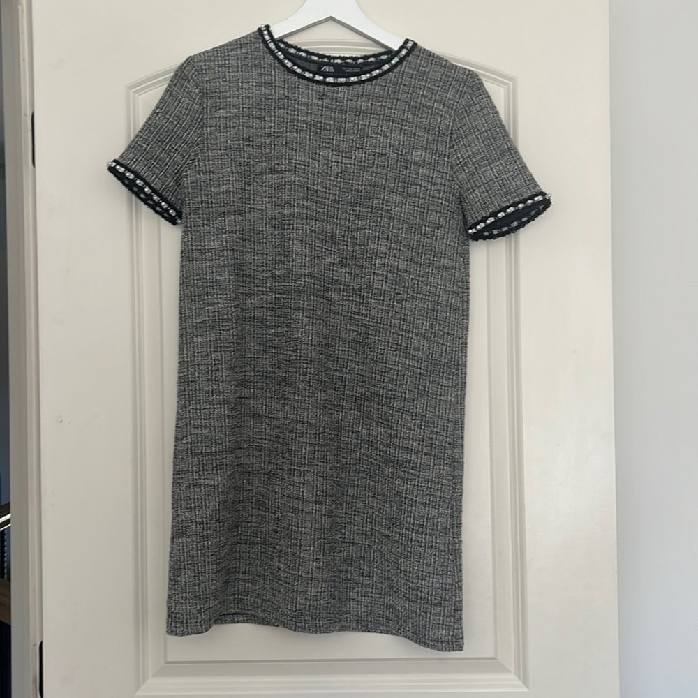 Zara Grey Tweed Short Sleeve Pearl Detail Mini Dress